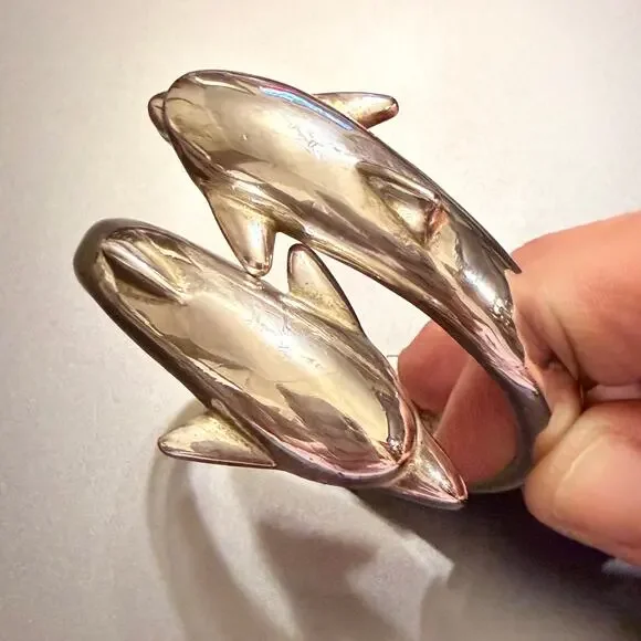 Sterling Silver 925 Twin Dolphin Hinge Bracelet (2.8 oz) - Picture 7 of 8